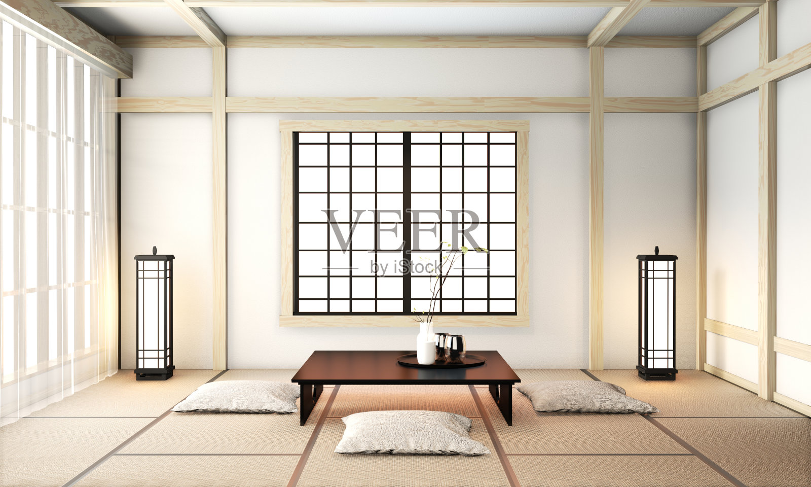 日式客厅配有榻榻米地板和装饰。三维渲染照片摄影图片