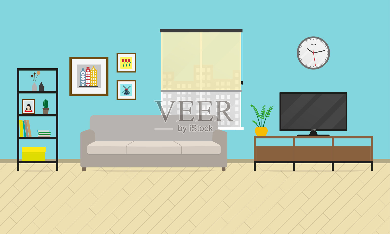 客厅内。平板式家具，包括沙发、书柜、电视等。矢量插图。插画图片素材