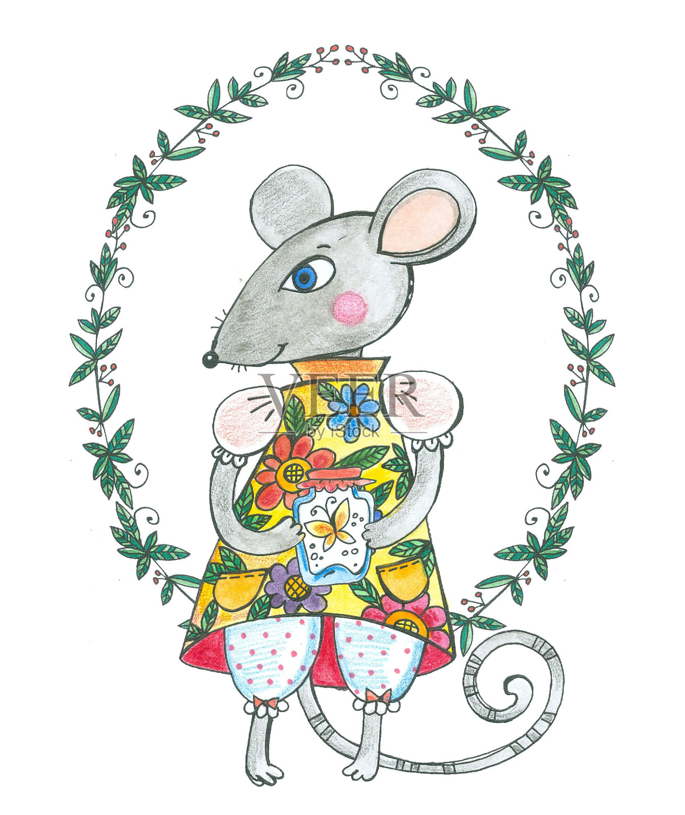 老鼠穿着裙子和花，老鼠在树叶的框架，水彩画的插图插画图片素材