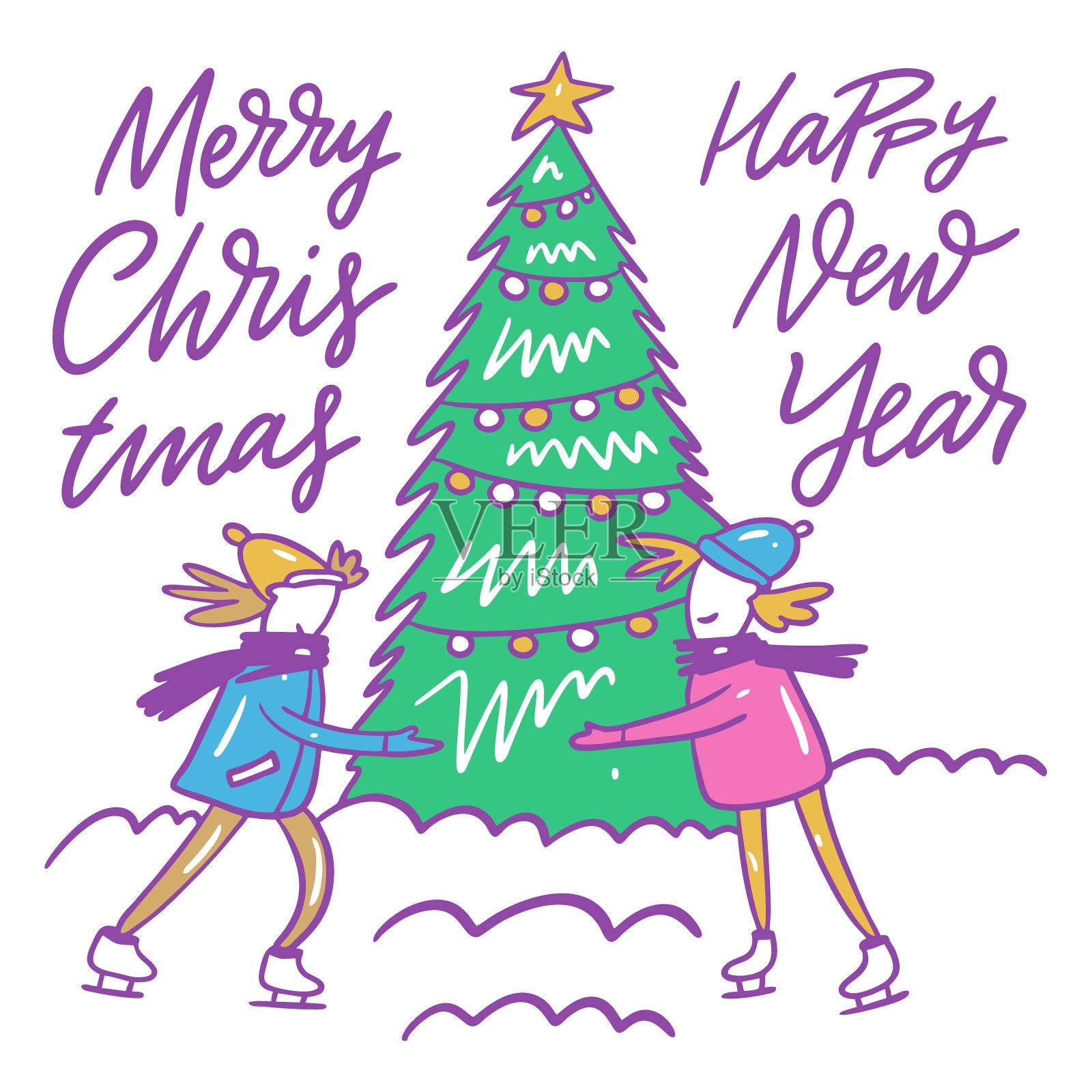 女孩和男孩在圣诞树周围溜冰。卡通风格。假日矢量插图。插画图片素材