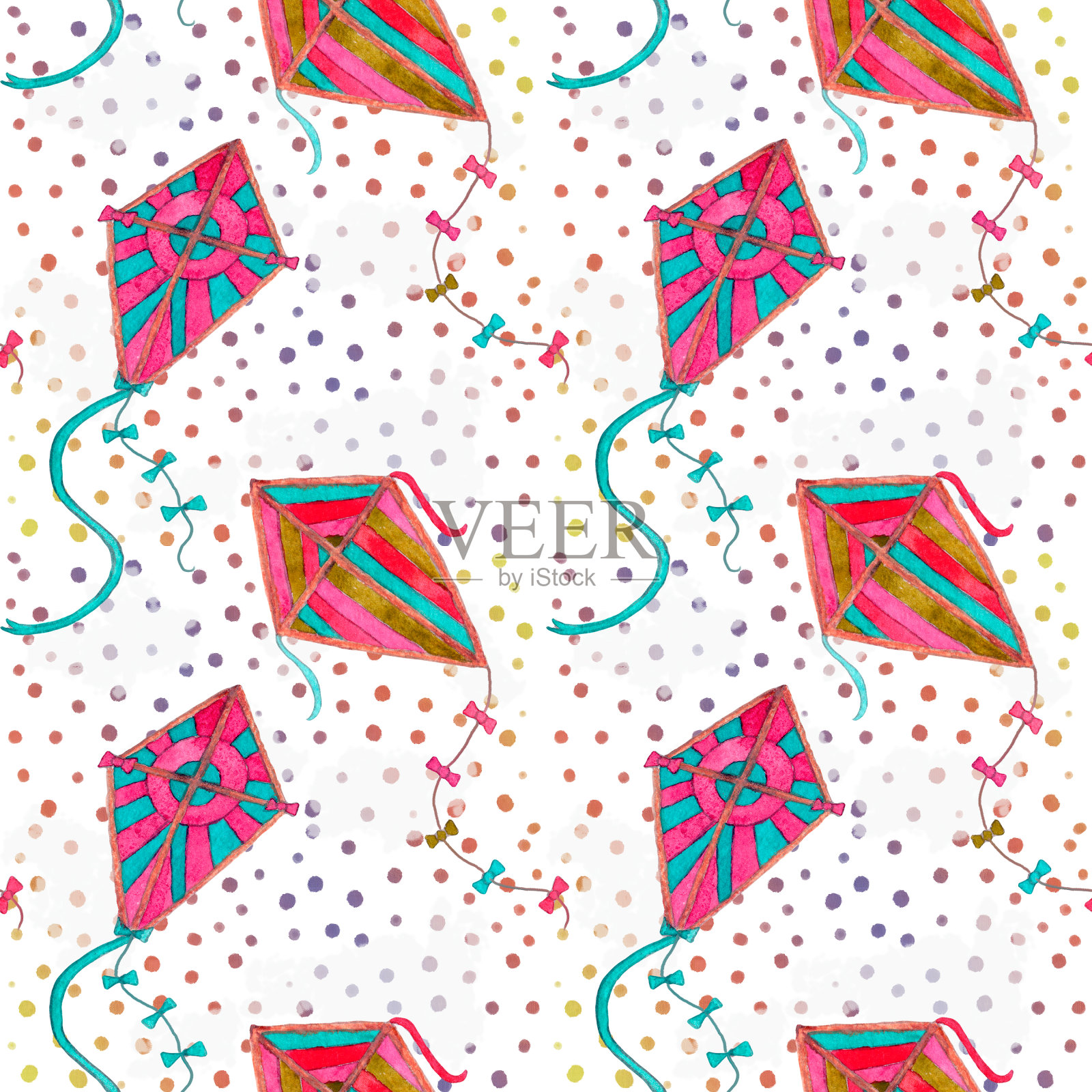 五彩缤纷的风筝充满活力的水彩无缝图案在白色的背景与彩虹波尔卡点插画图片素材