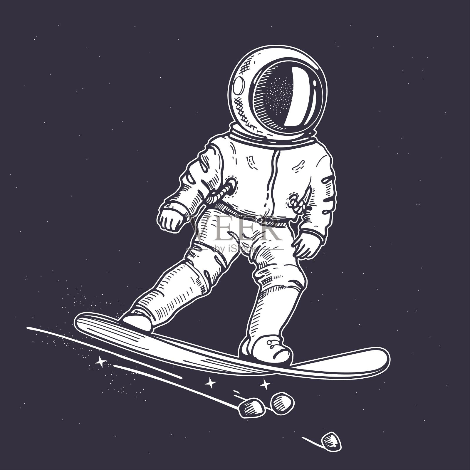 宇航员骑在滑雪板上。关于天文学主题的插图。插画图片素材