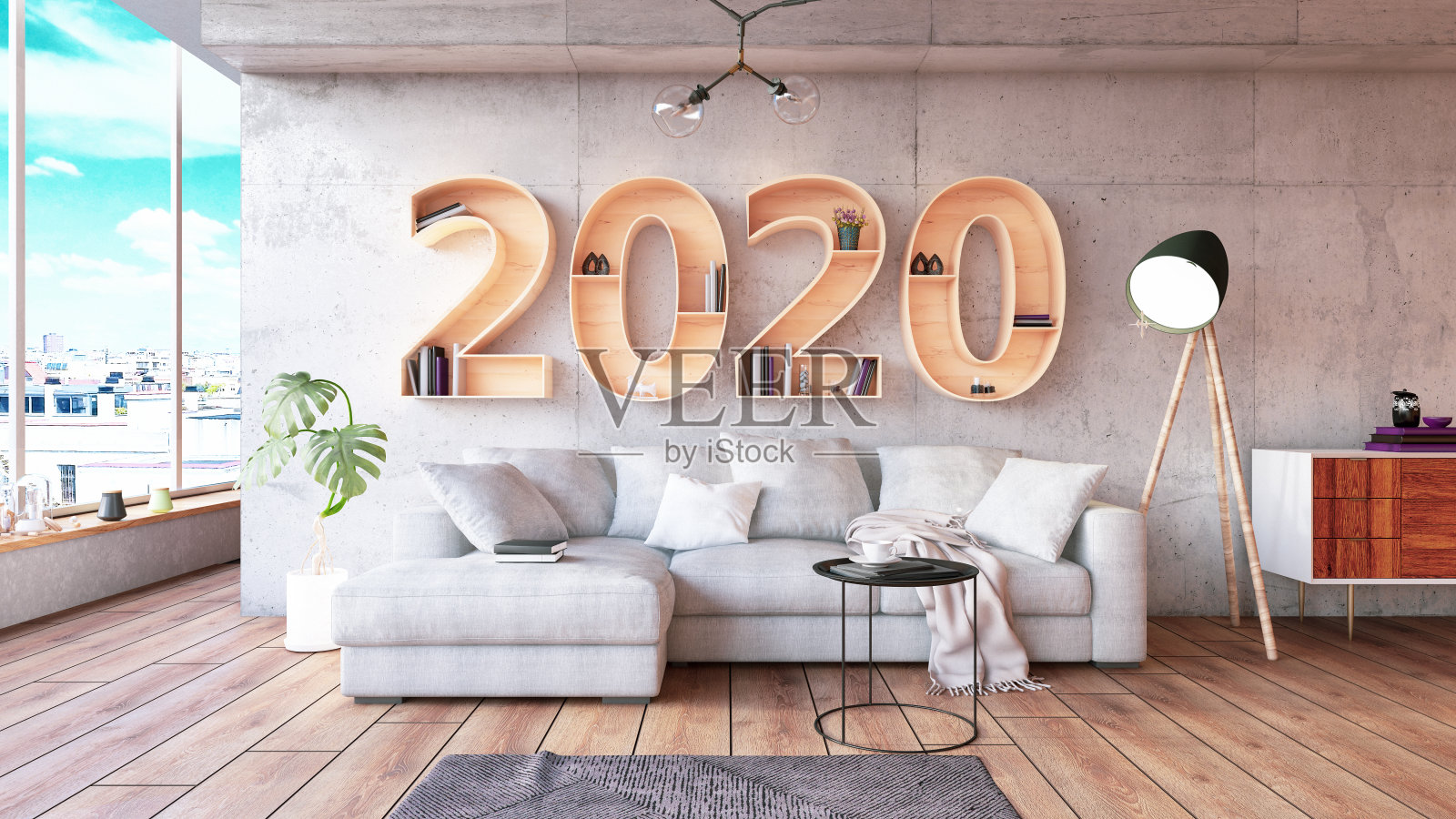 2020年，室内舒适的书架照片摄影图片