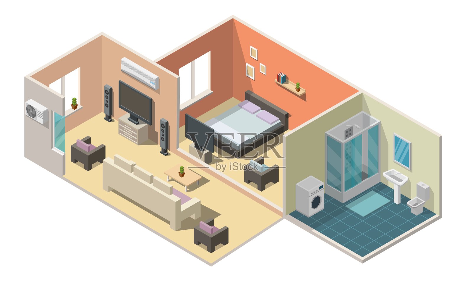 等距室内公寓矢量插图现代设置的浴室，厨房，客厅，卧室。插画图片素材