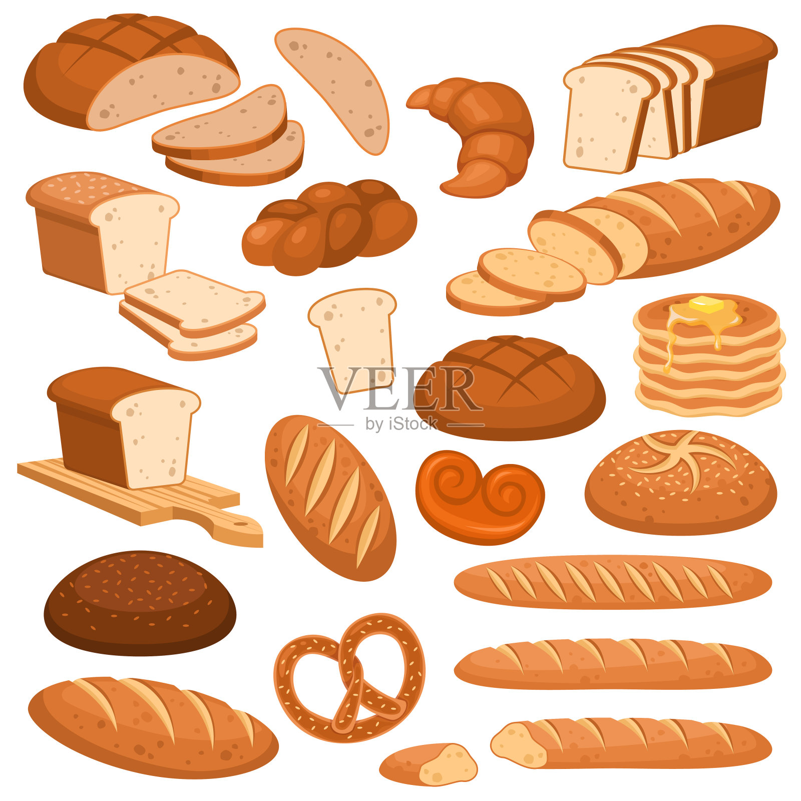 卡通面包。烘焙黑麦产品，小麦和全麦切片面包。法式长棍，牛角面包和百吉饼，烤面包矢量菜单设计插画图片素材