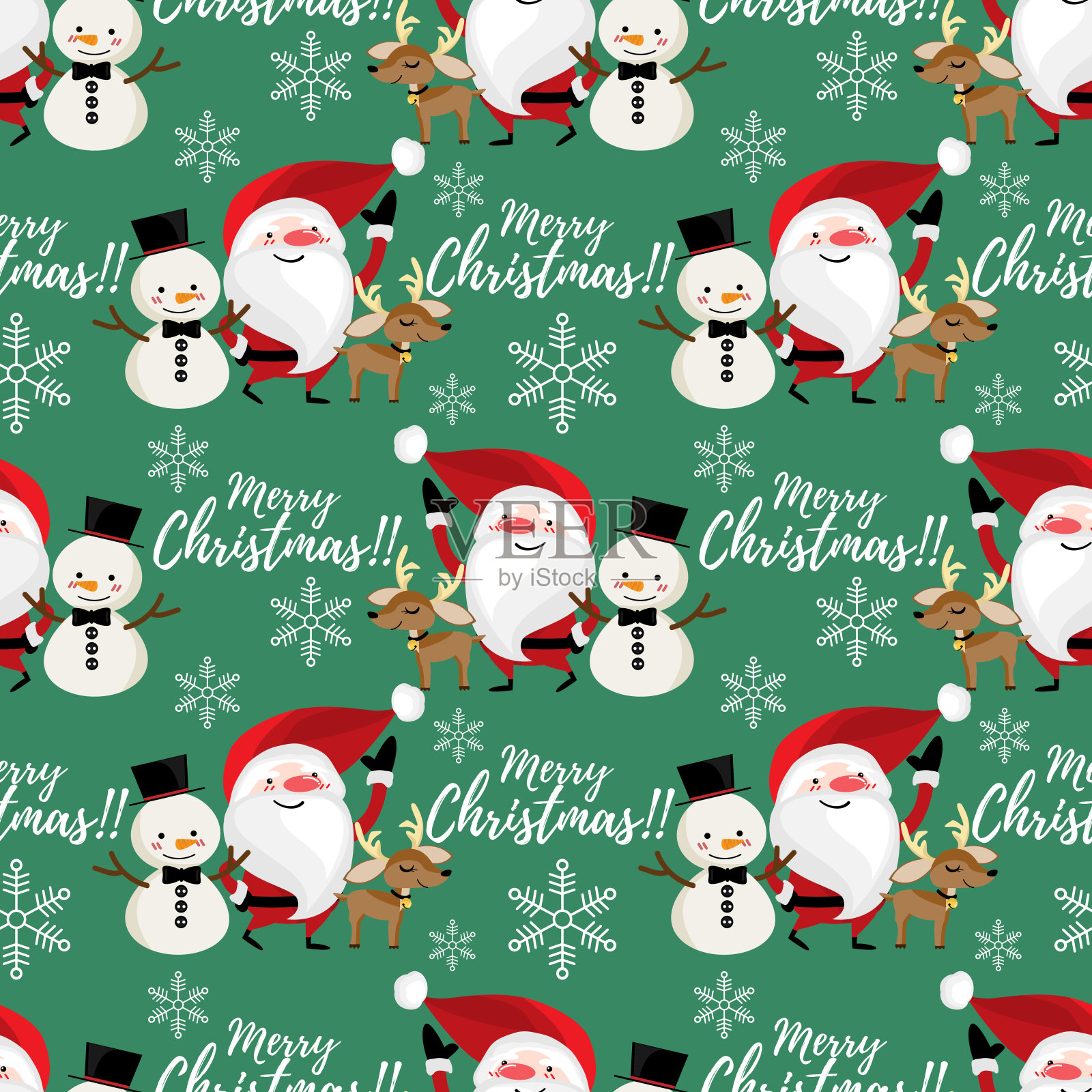 圣诞假期季节无缝图案的圣诞老人与可爱的驯鹿，雪人，雪花和圣诞快乐的文字在绿色的背景。矢量插图设计的问候季节。设计模板素材