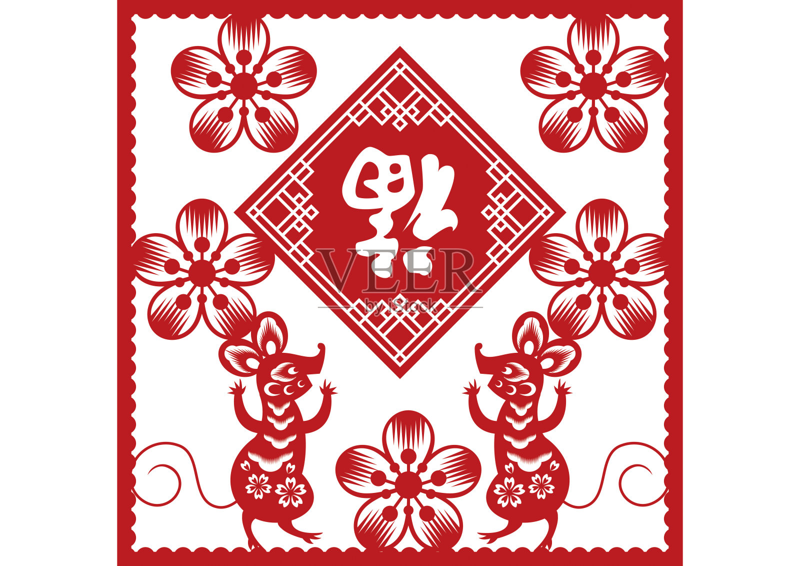 中国新年的装饰。墙上的生肖装饰。春节老鼠墙装饰。农历新年老鼠的插画。(翻译:财富和幸福)插画图片素材