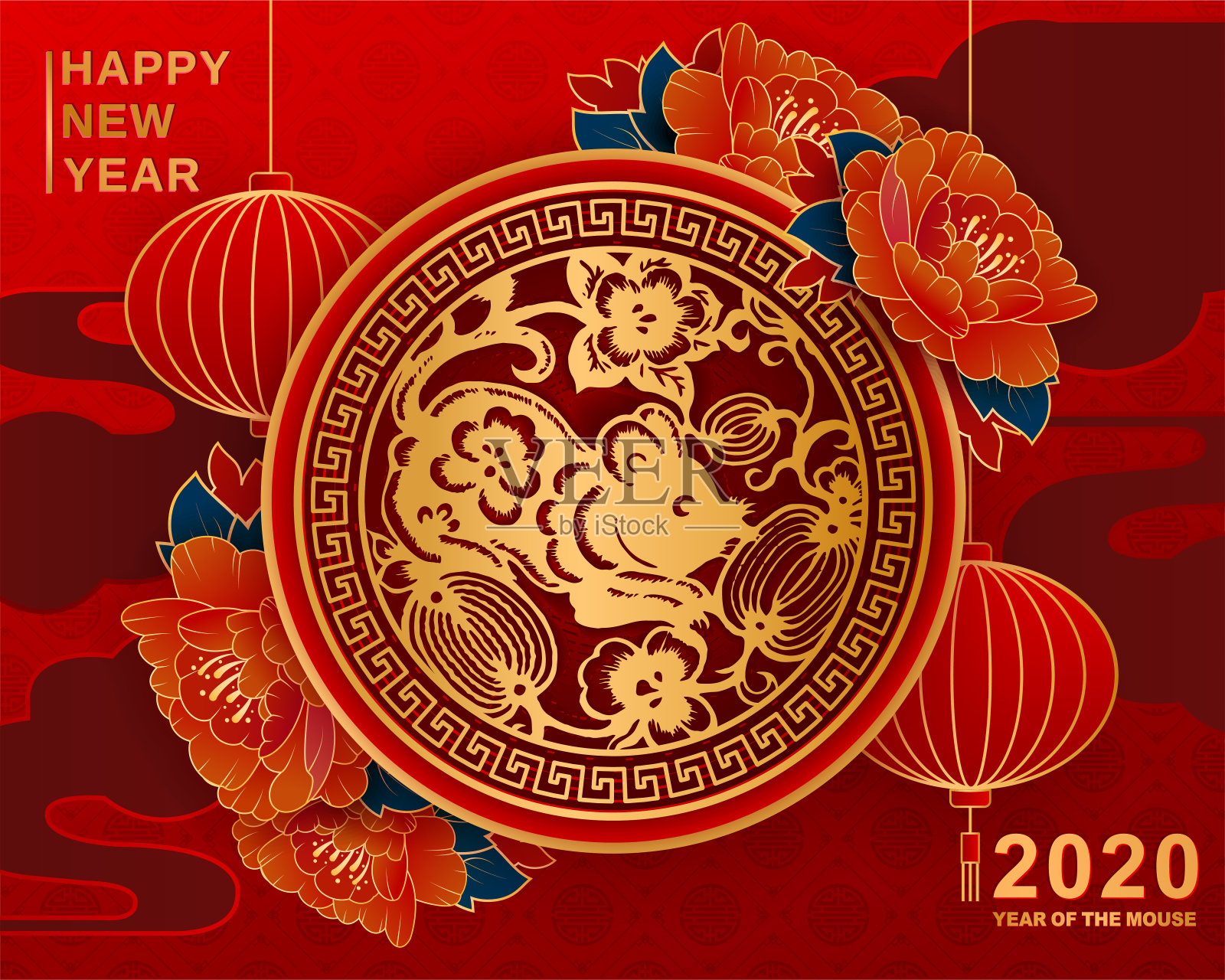 鼠年快乐!2020年新年快乐。剪纸里的老鼠，中国红圆灯笼，红色背景上的花朵插画图片素材