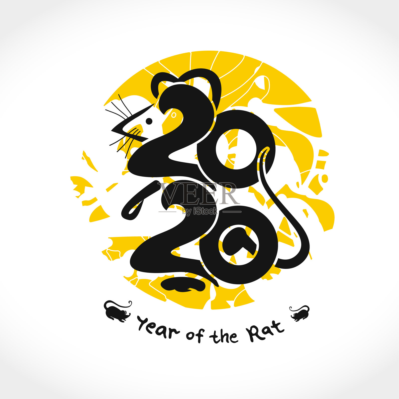 2020年鼠。鼠2020手写标志，背景为黄色圆形邮票。插画图片素材