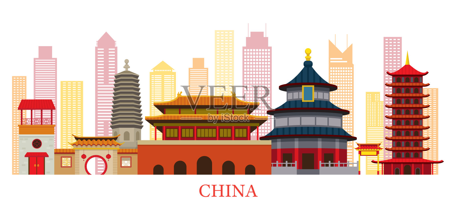 平顶风格的中国天际线地标设计元素图片