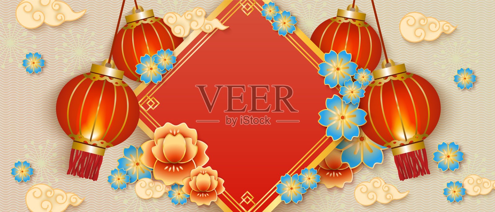 米色横幅模板与纸红色中国灯笼，传统的亚洲花和白云。插画图片素材