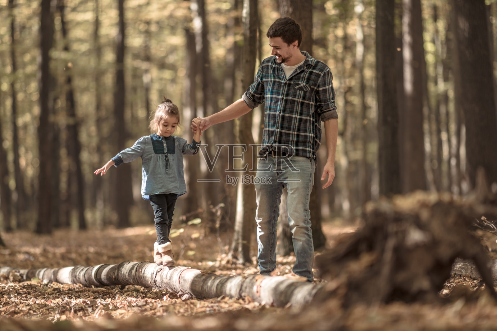 爸爸和女儿走在秋天的森林里。照片摄影图片