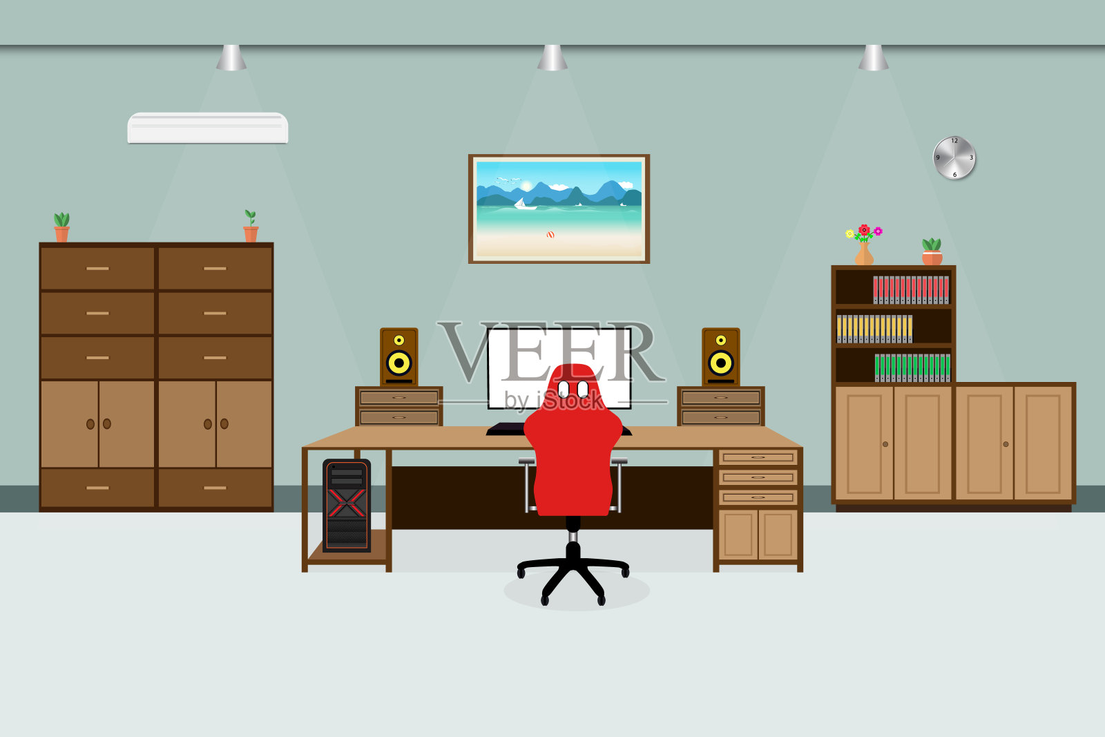 办公室工作空间内部椅子，写字台，空调和电脑屏幕在木桌上。设计矢量图插画图片素材