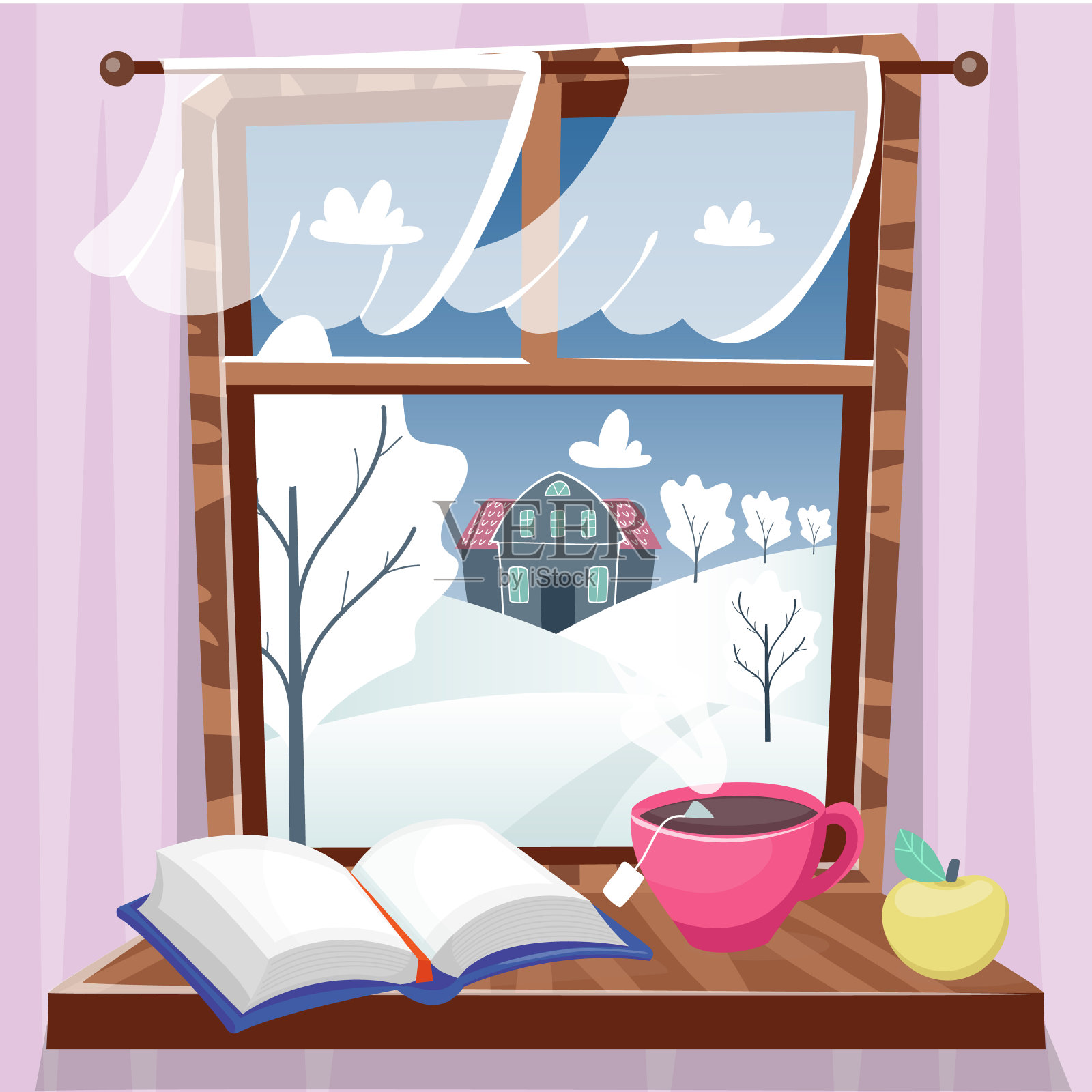 舒适的冬季窗口，美丽的景色与树木，房子和田野。窗台上放着书、苹果和一杯茶。Hygge概念。矢量插图卡通平面风格。插画图片素材