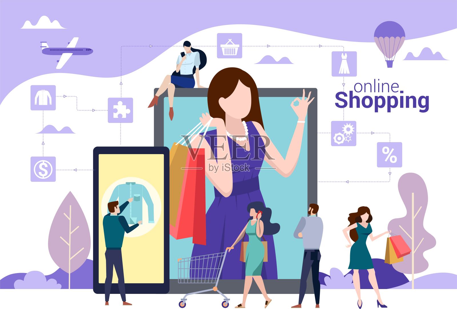 网上购物矢量概念与人们选择，购买和携带购物袋。在线商店，数字营销，旅游和生活方式插图插画图片素材
