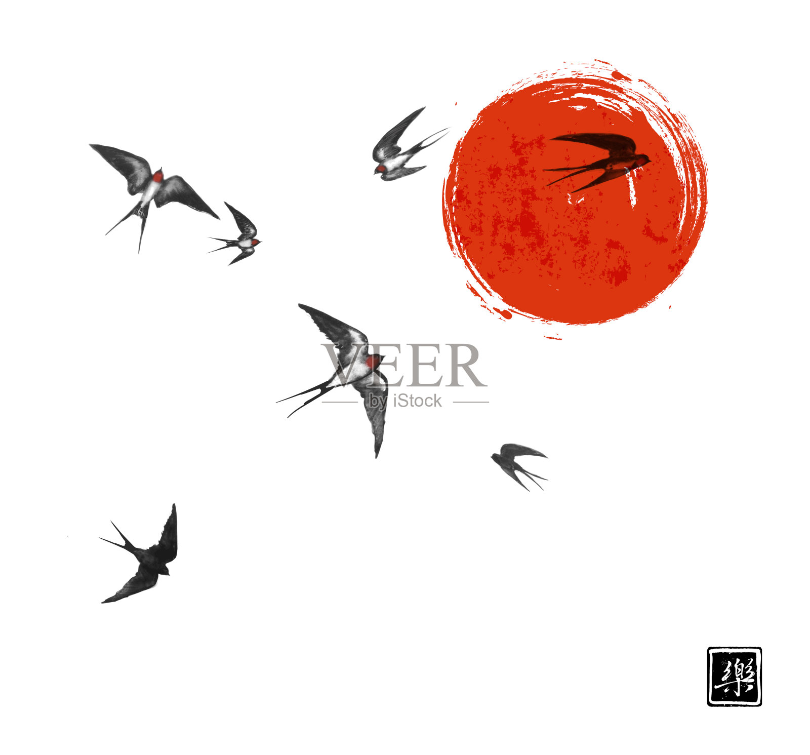 飞翔的燕子和白色背景上的大红日。传统的日本水墨画。象形文字——快乐插画图片素材