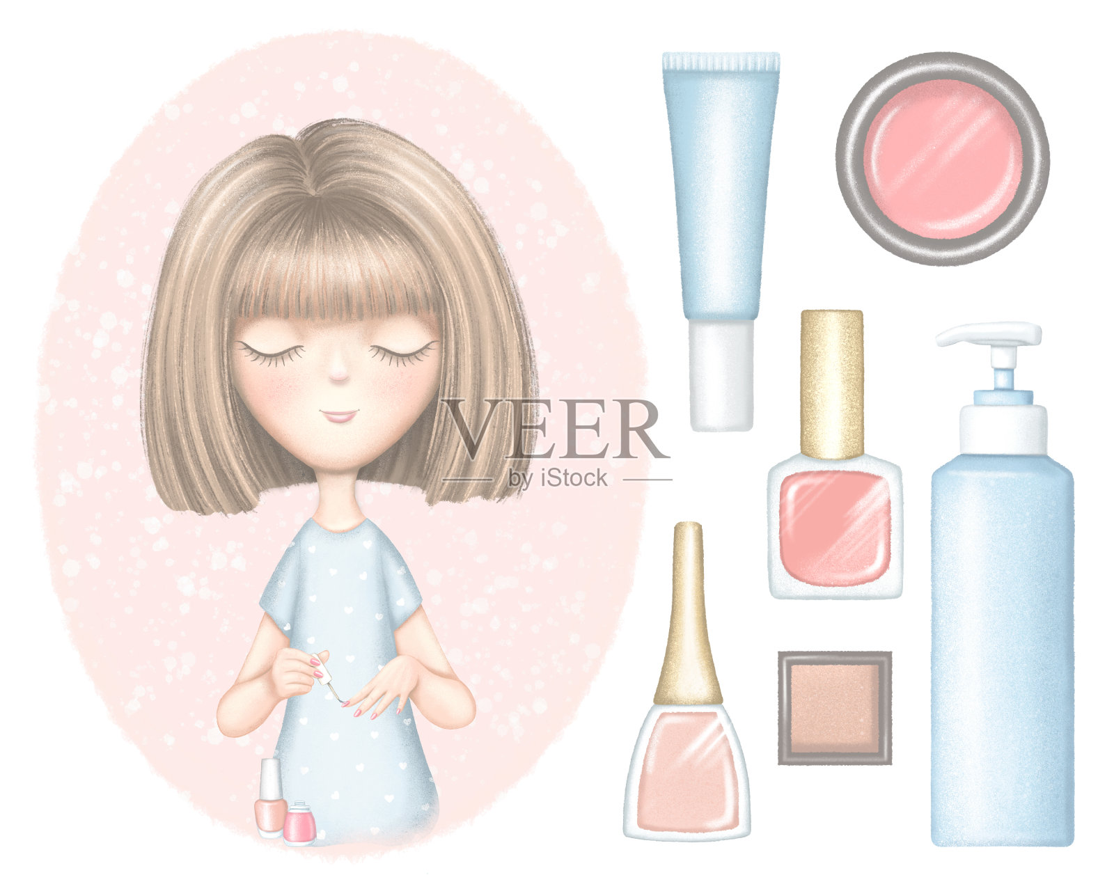 一套年轻女孩油漆指甲，指甲油和化妆品瓶子插画图片素材