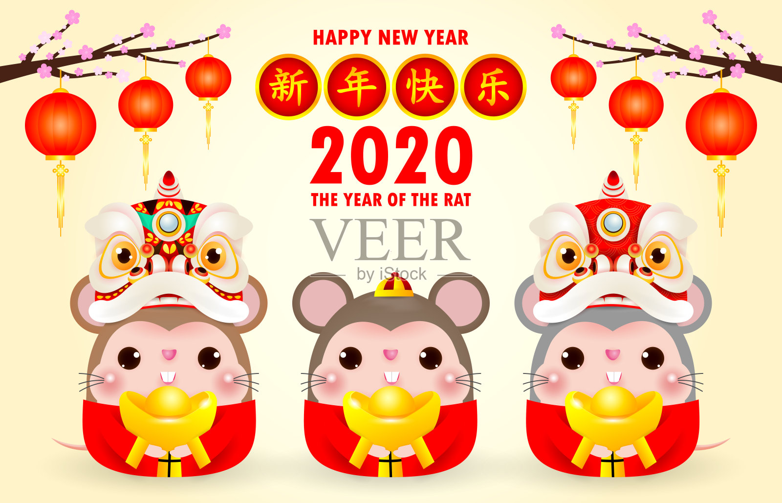 祝你2020年春节快乐。一组小老鼠拿着中国的黄金，新年鼠年生肖孤立红色背景，翻译:新年快乐。设计模板素材