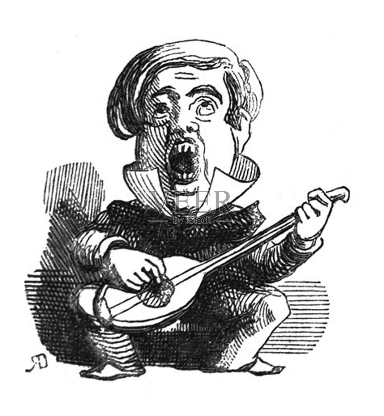 英国讽刺漫画漫画漫画插图-男人蹲着，嘴张得大大的演奏弦乐器插画图片素材