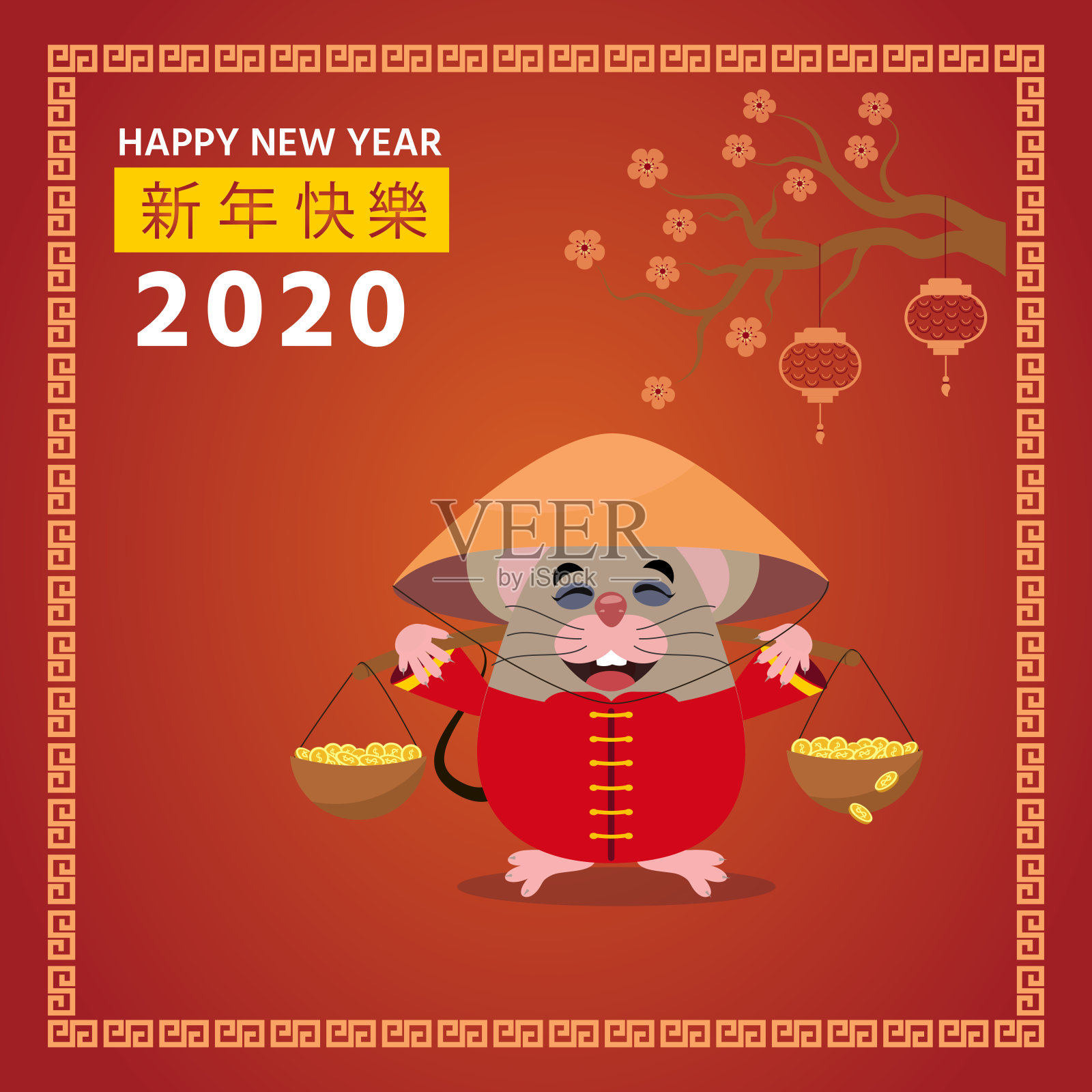 象征中国新年2020的概念形象。穿着五颜六色的中国服装的老鼠。插画图片素材