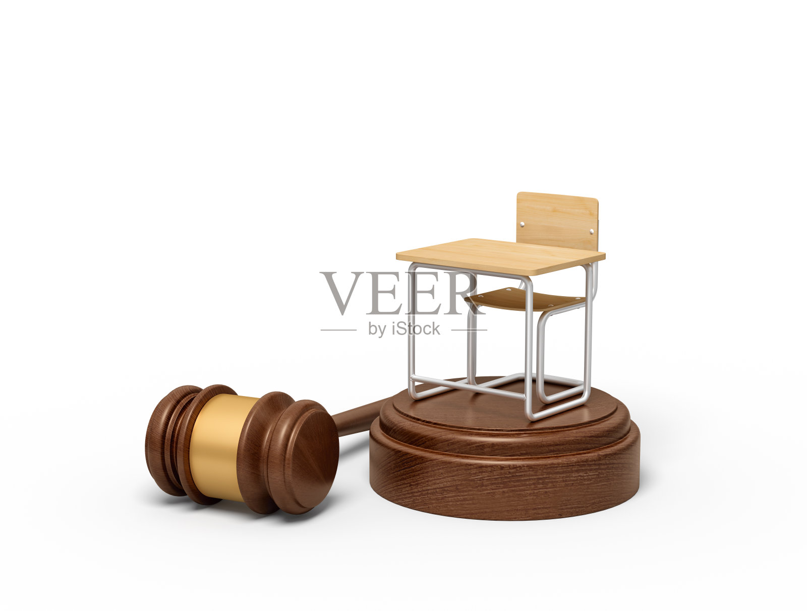三维渲染的小单座办公桌站在棕色的声音块与木槌躺在旁边的块。照片摄影图片