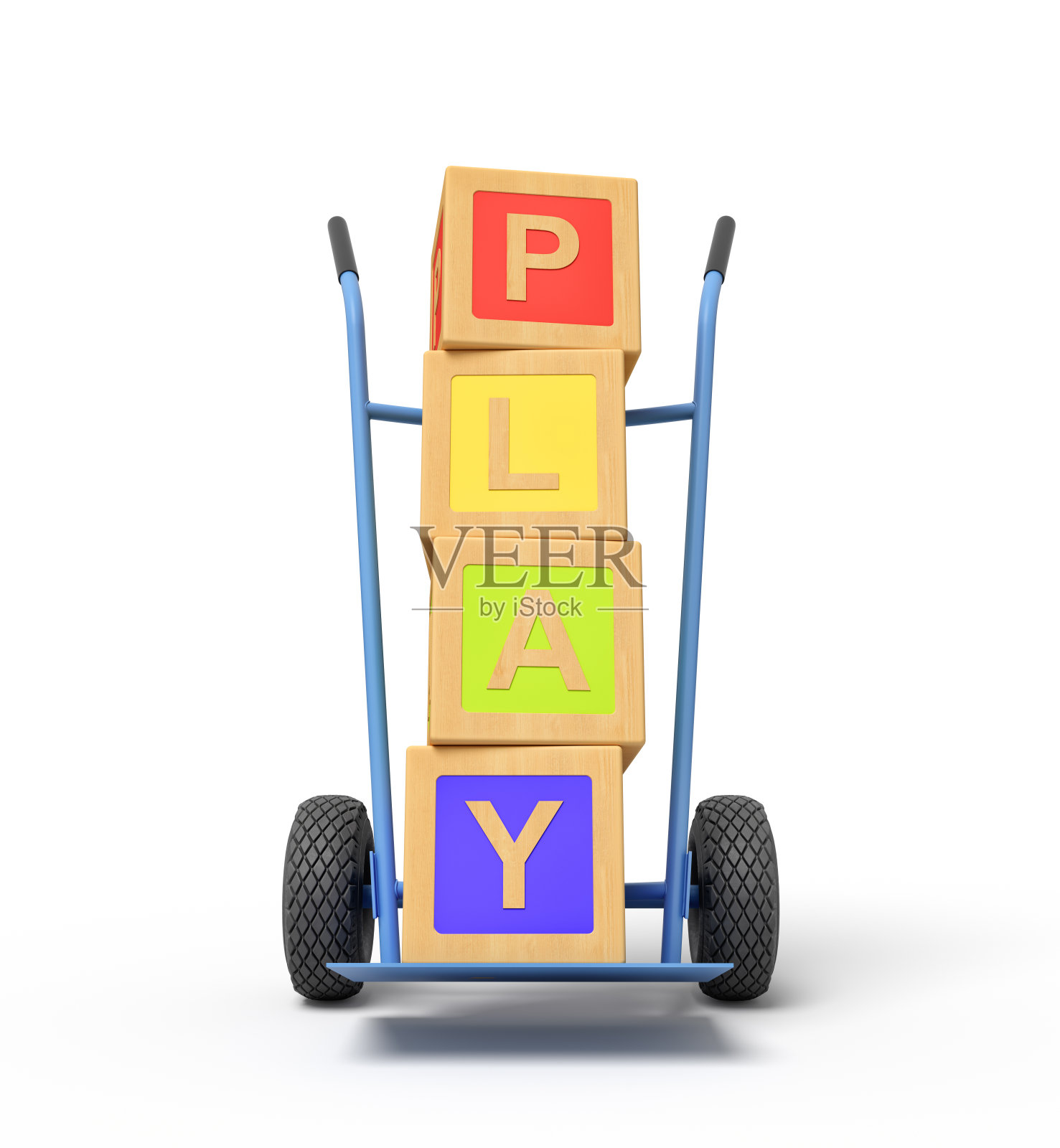 彩色字母玩具积木的3d渲染显示“玩”标志上的一辆手推车照片摄影图片