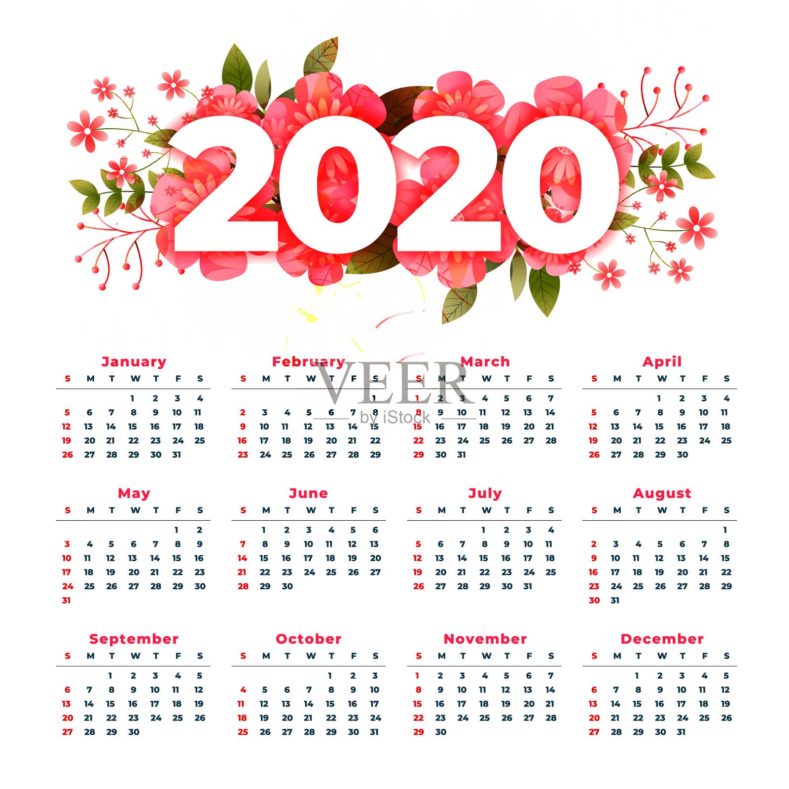 2020年年历设计与花卉装饰设计模板素材