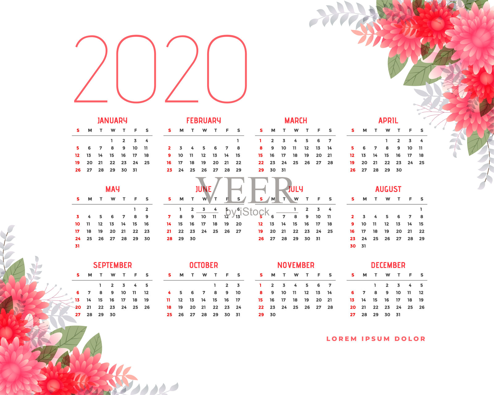 2020年历设计与花卉元素设计模板素材