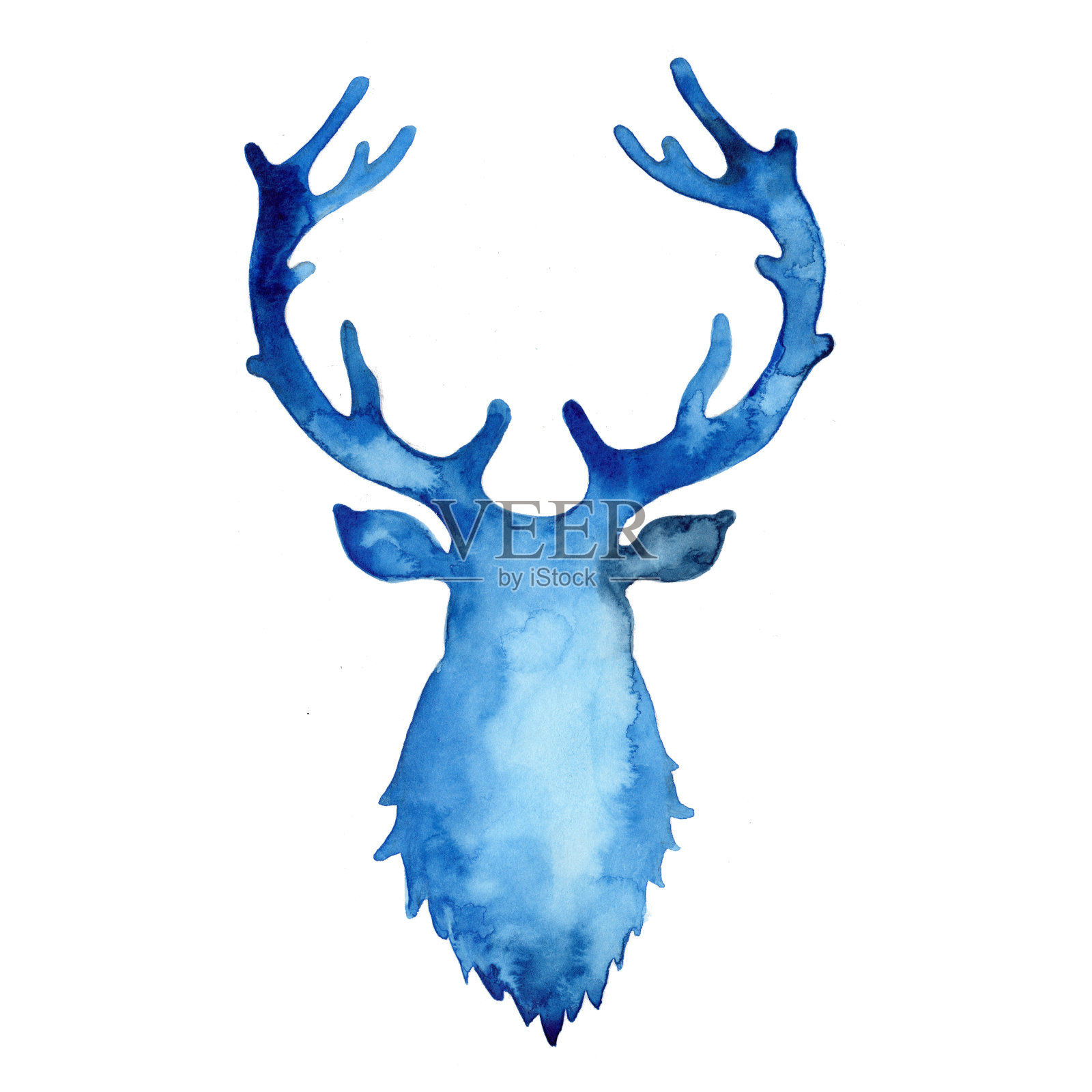 蓝色鹿的水彩剪影。动物的头画。雄鹿和鹿角圣诞插图孤立在白色的背景。装饰新年符号印刷，装饰，图案。驯鹿。插画图片素材