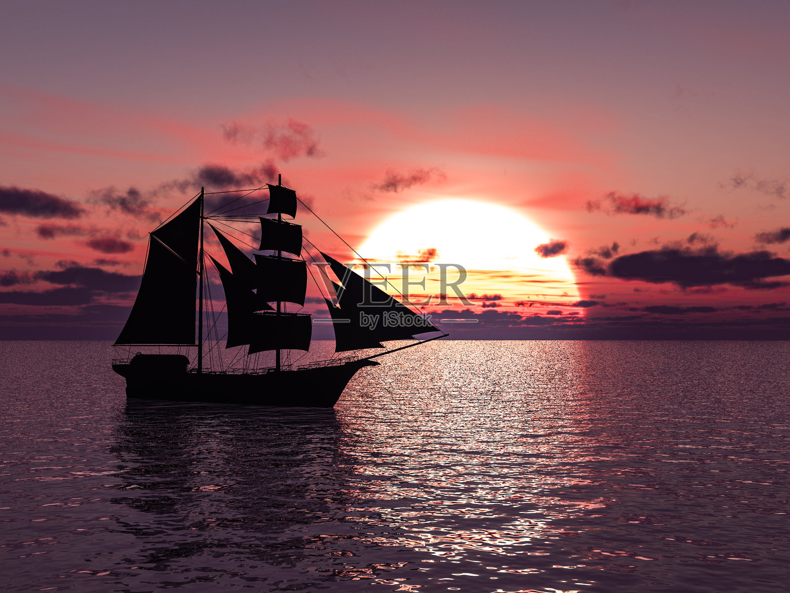 在日落的海上的船的3D渲染。照片摄影图片