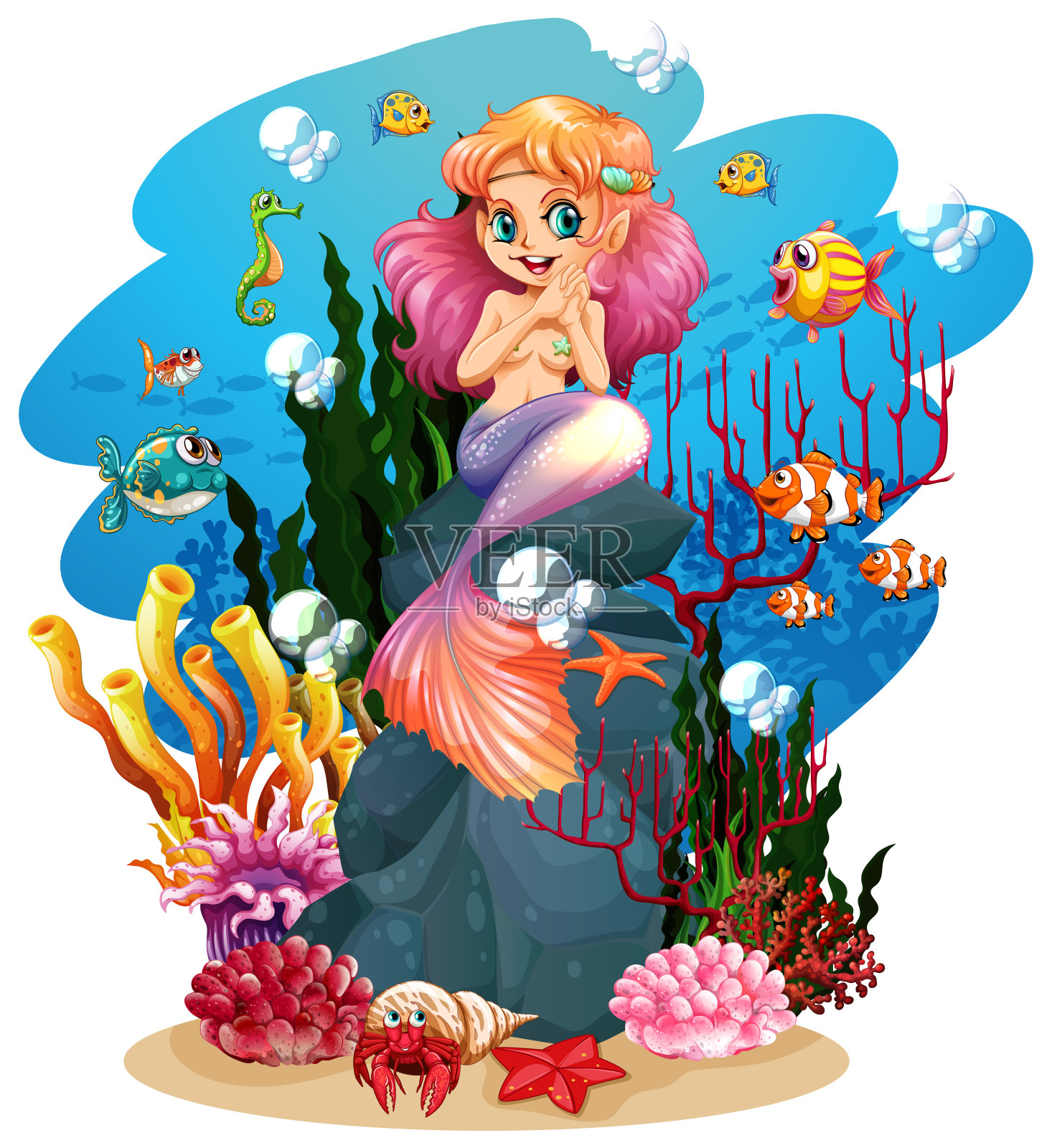 美人鱼和水下的鱼插画图片素材