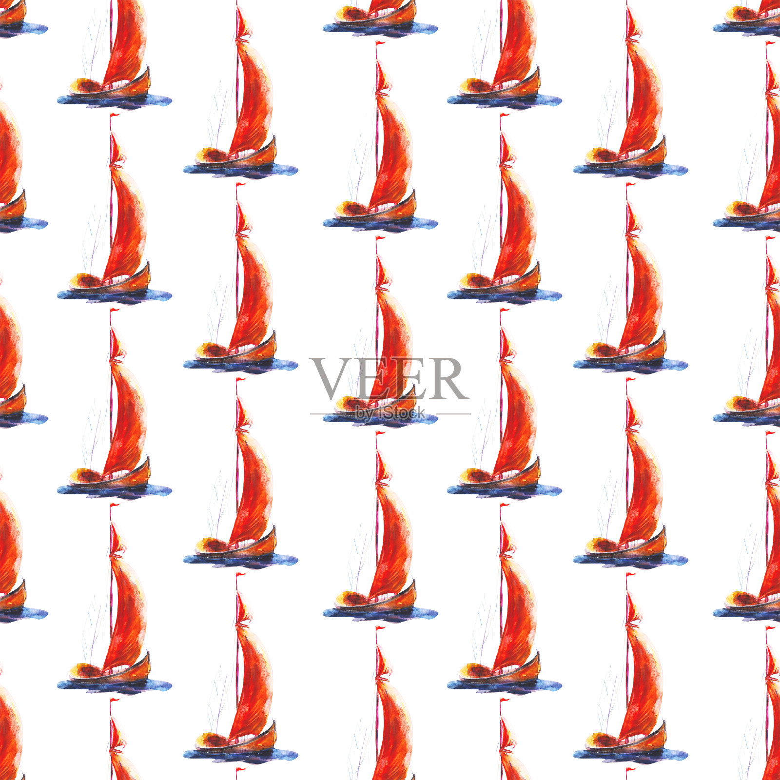 水彩无缝图案帆船与红色的帆。手绘插图，白色背景。插画图片素材