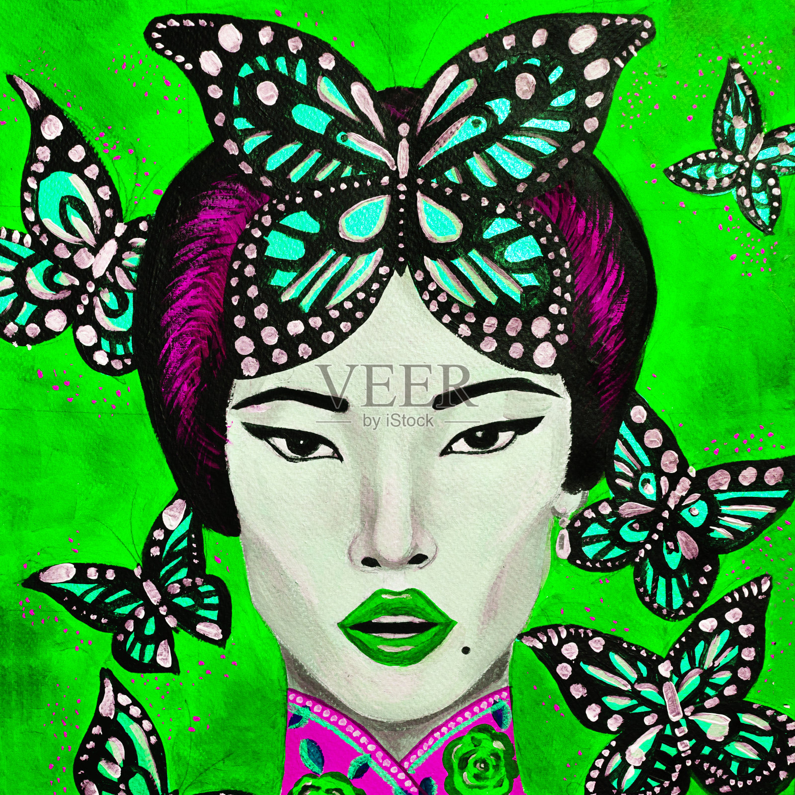 画着美丽的亚洲女人和蝴蝶插画图片素材