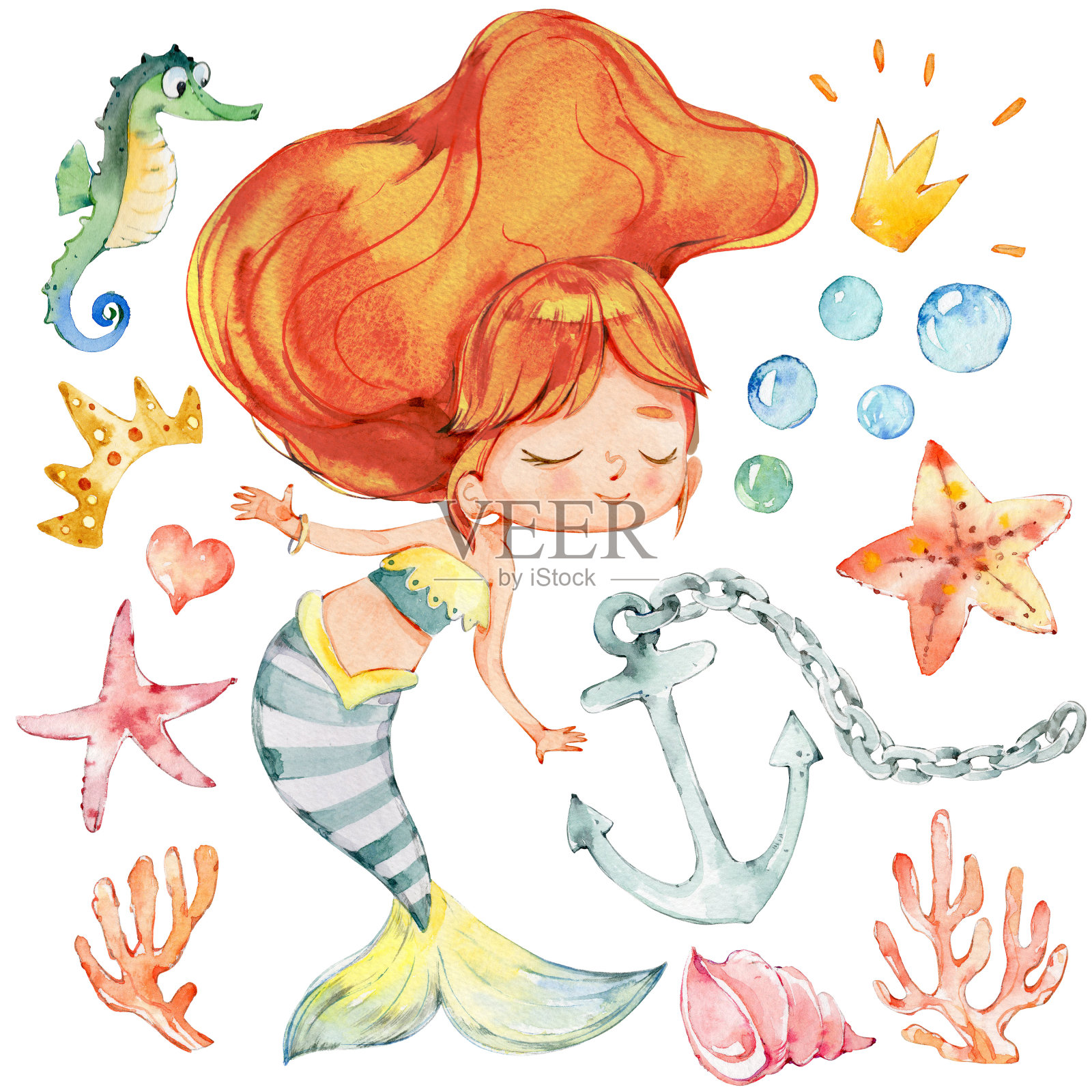 美人鱼水彩人物锚海洋设置插画图片素材