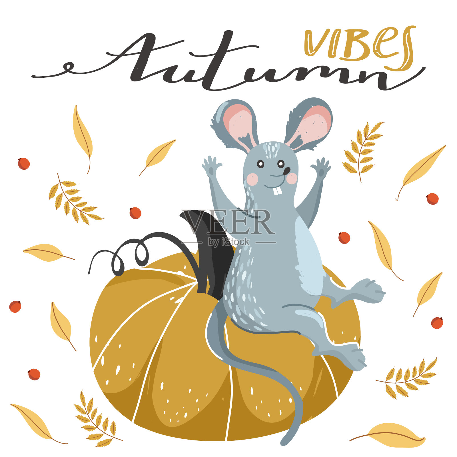 可爱的老鼠和南瓜和秋叶。时尚的排版标语设计“秋天的气息”标志。设计模板素材