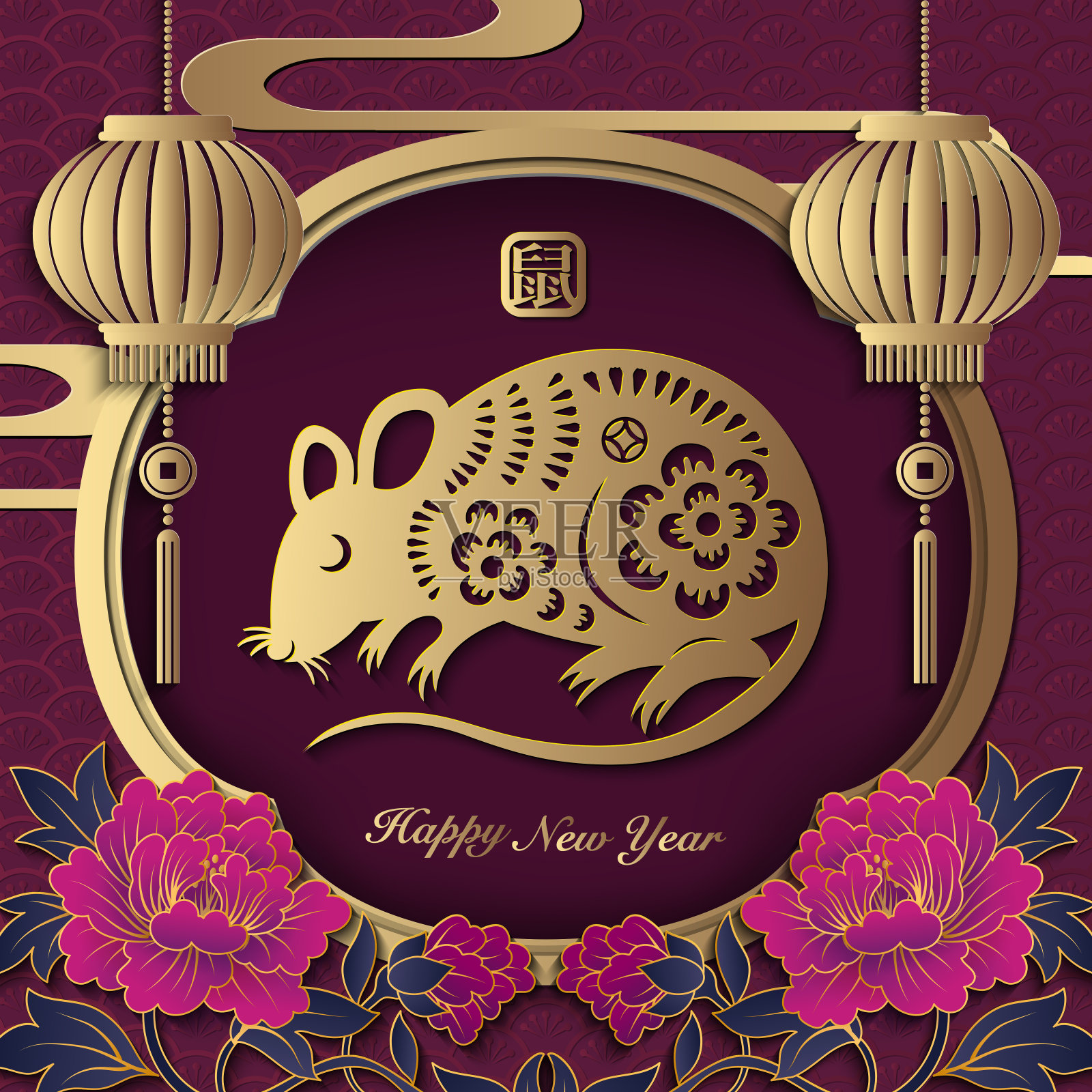 2020年春节快乐复古剪纸艺术和工艺浮雕鼠牡丹花灯窗框。中文翻译:老鼠。插画图片素材