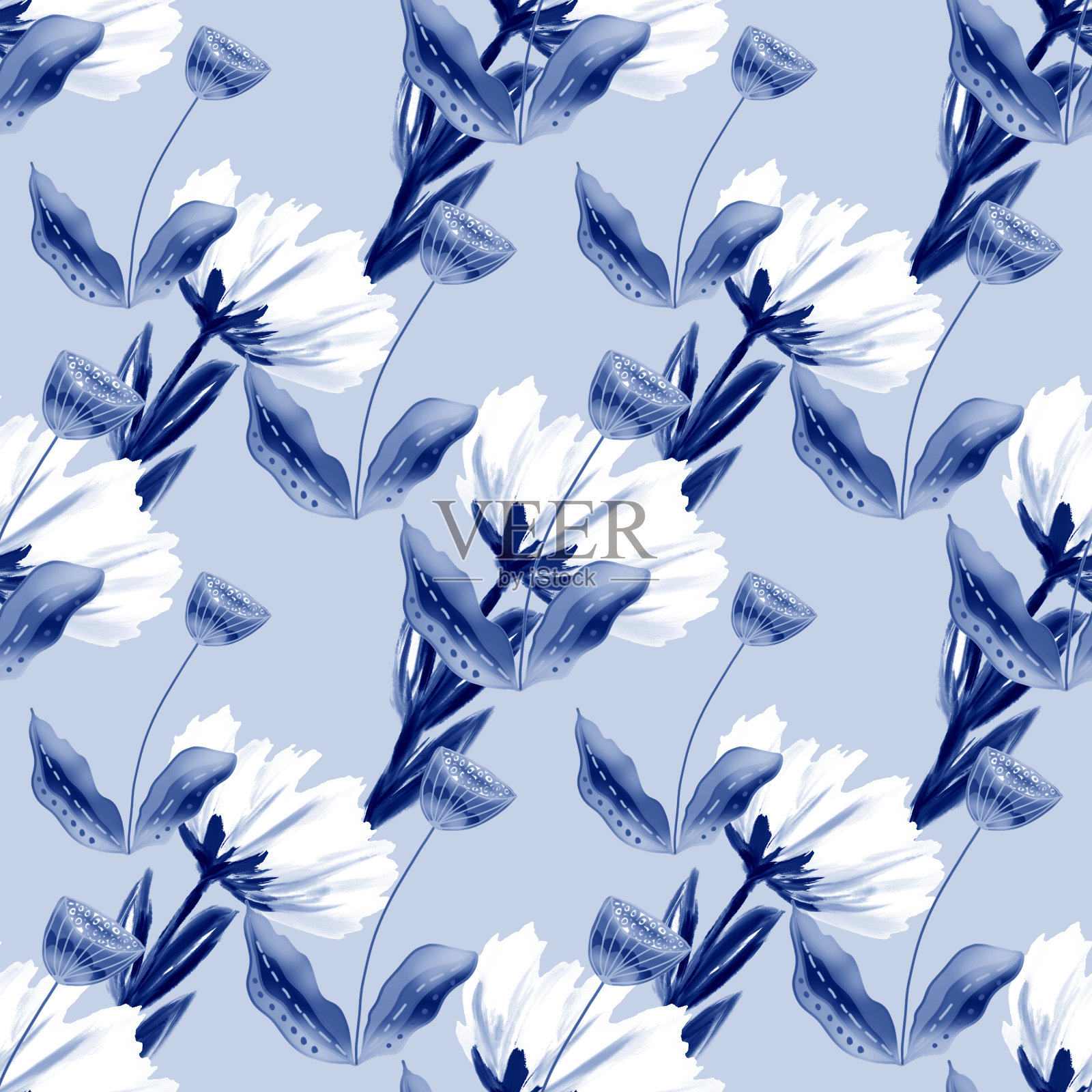 抽象手绘花的蓝色颜色在一个轻的背景，无缝模式插画图片素材