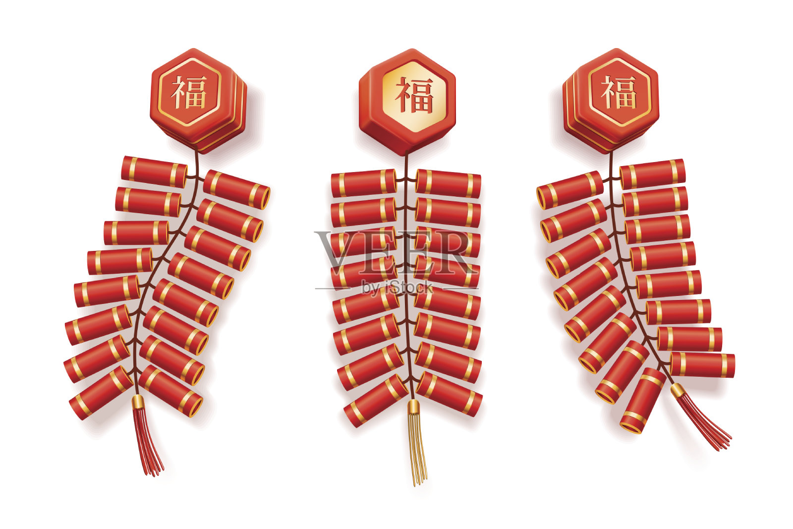 中国鞭炮，媒介隔离在白色背景上。中国新年传统的红花炮，捆绑着流苏和象形文字祝愿，亚洲烟火设计元素图片