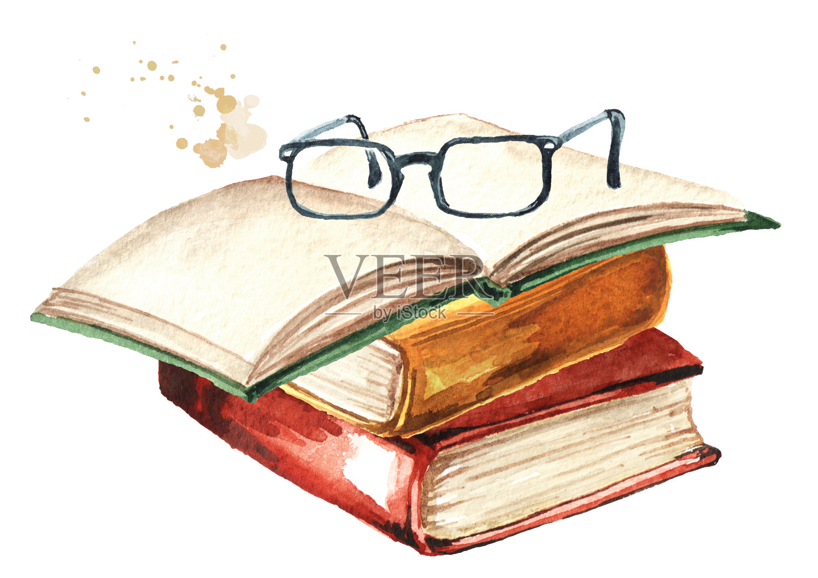 旧书和眼镜。水彩手绘插图孤立的白色背景插画图片素材