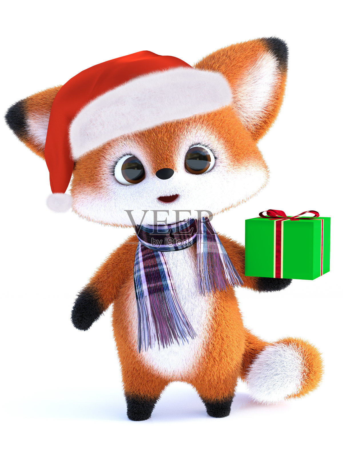 一个可爱的卡通狐狸戴着圣诞帽的3D渲染。照片摄影图片