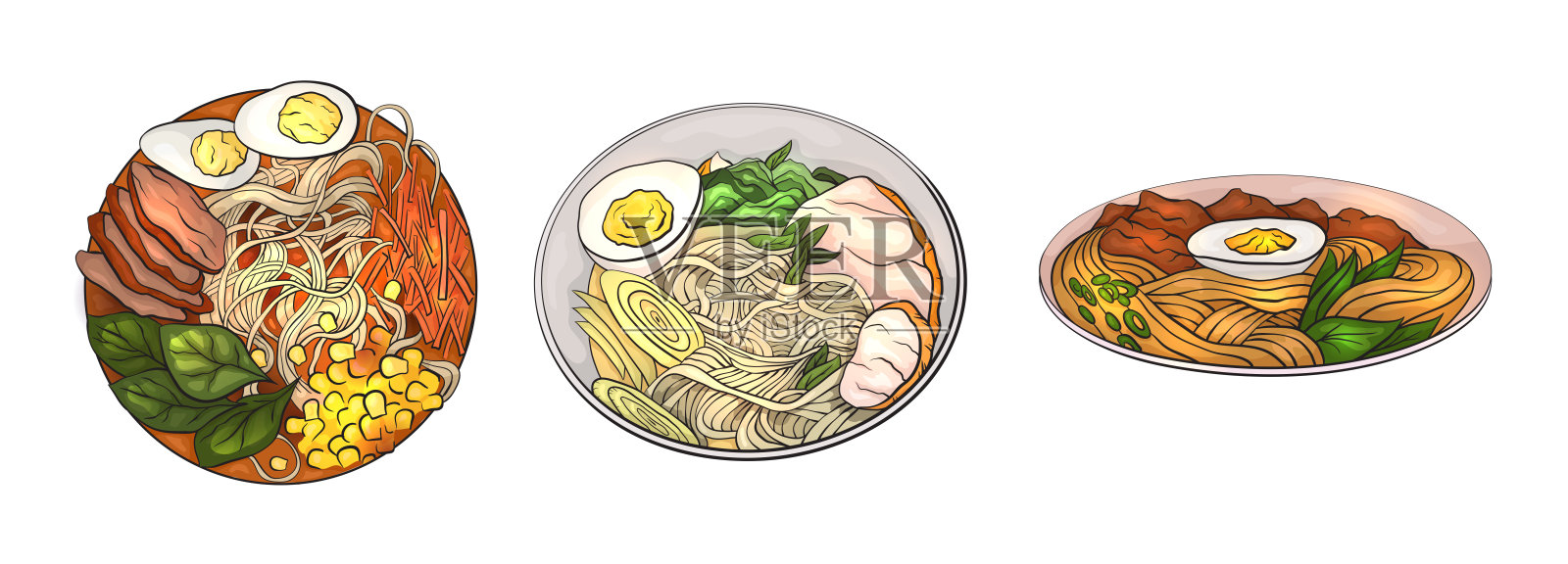 一套卡通菜肴与面条。日本传统拉面。亚洲不同的午餐。物体与背景是分开的。向量元素插画图片素材