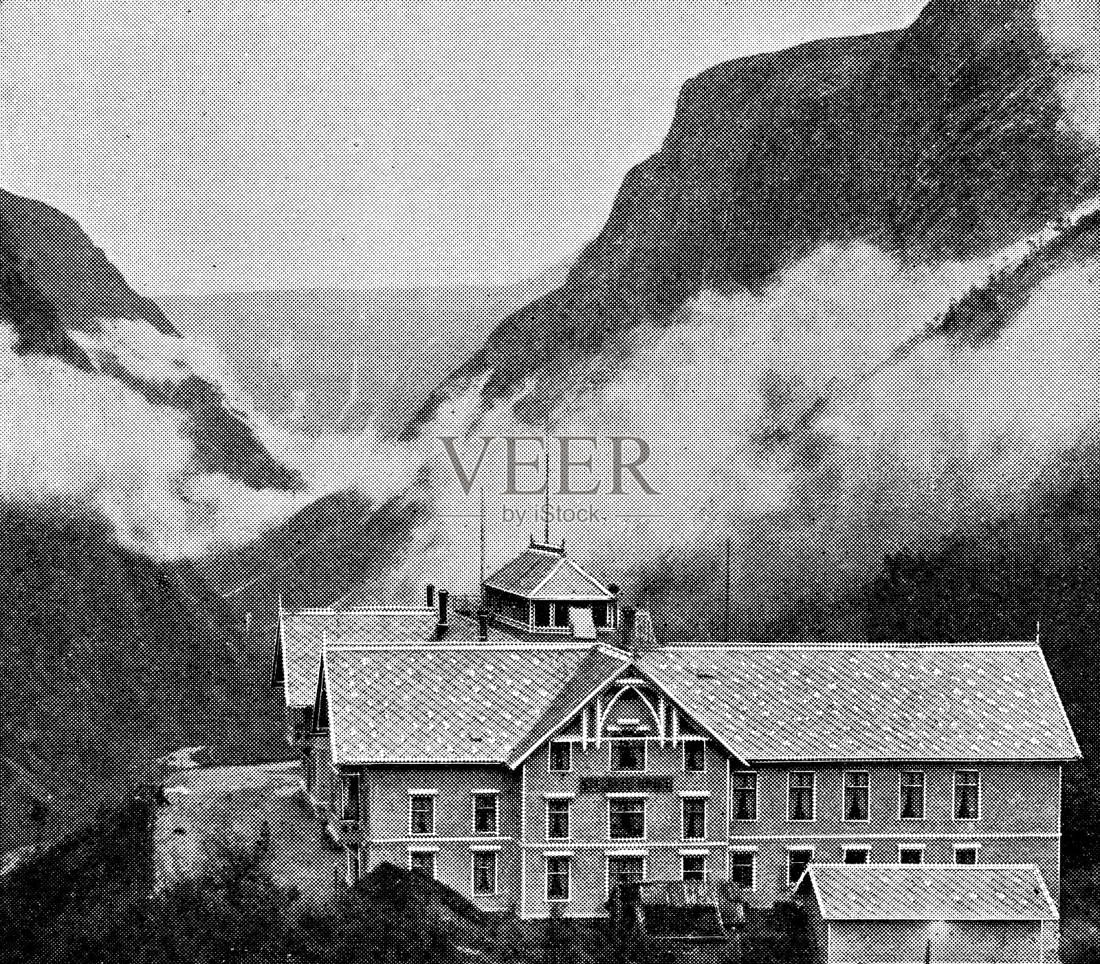 原斯塔尔海姆酒店在纳罗伊达伦山谷霍达兰，挪威- 19世纪照片摄影图片