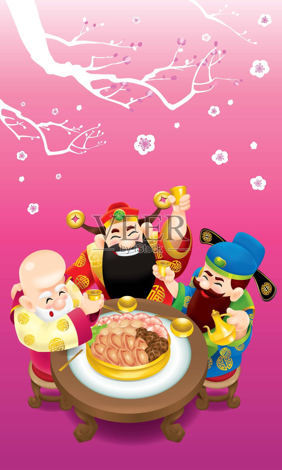 三位可爱的中国神(代表长寿、富有和事业)正在愉快地吃喝。插画图片素材