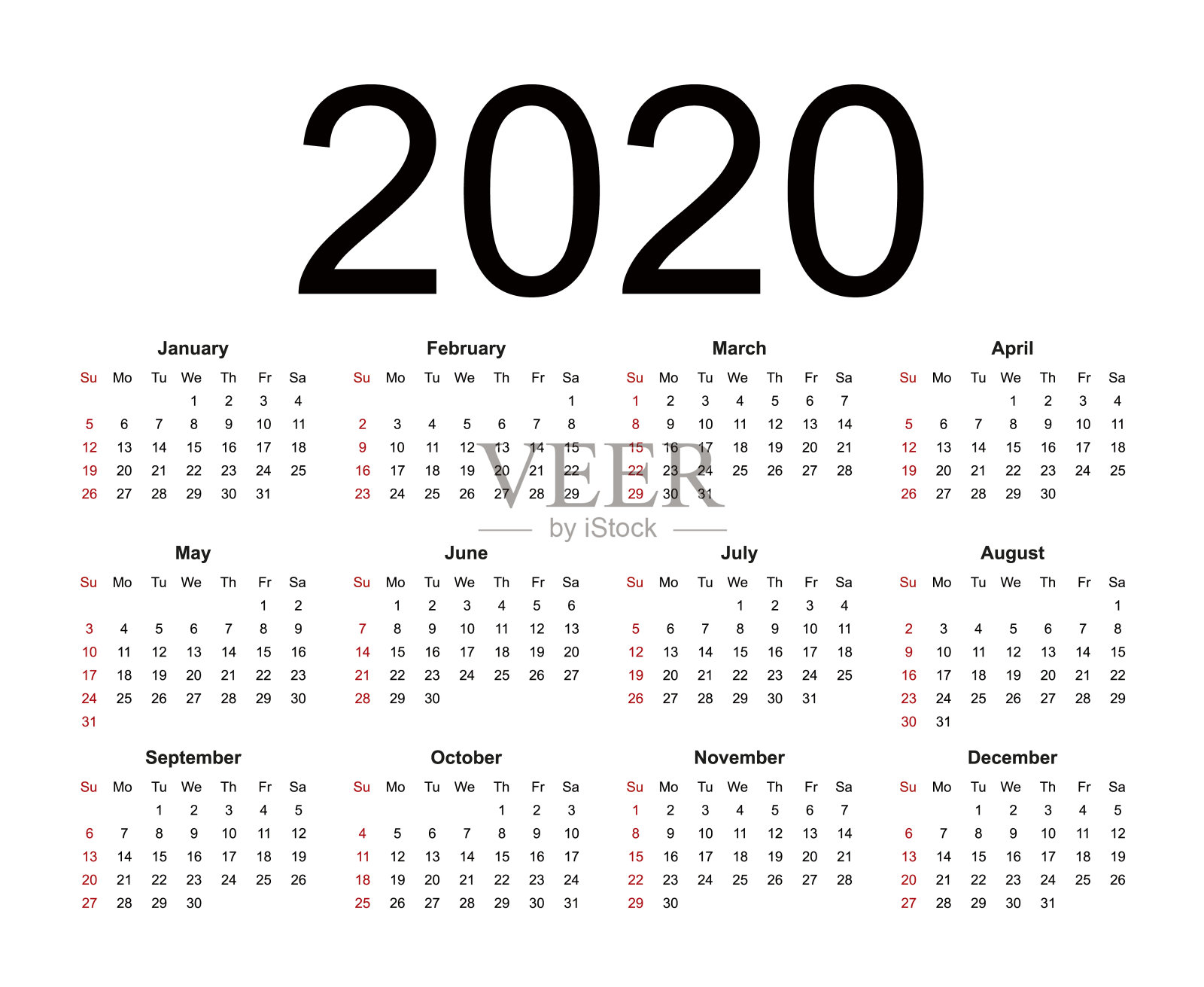 2020年日历。周从周日开始，业务模板。设计模板素材