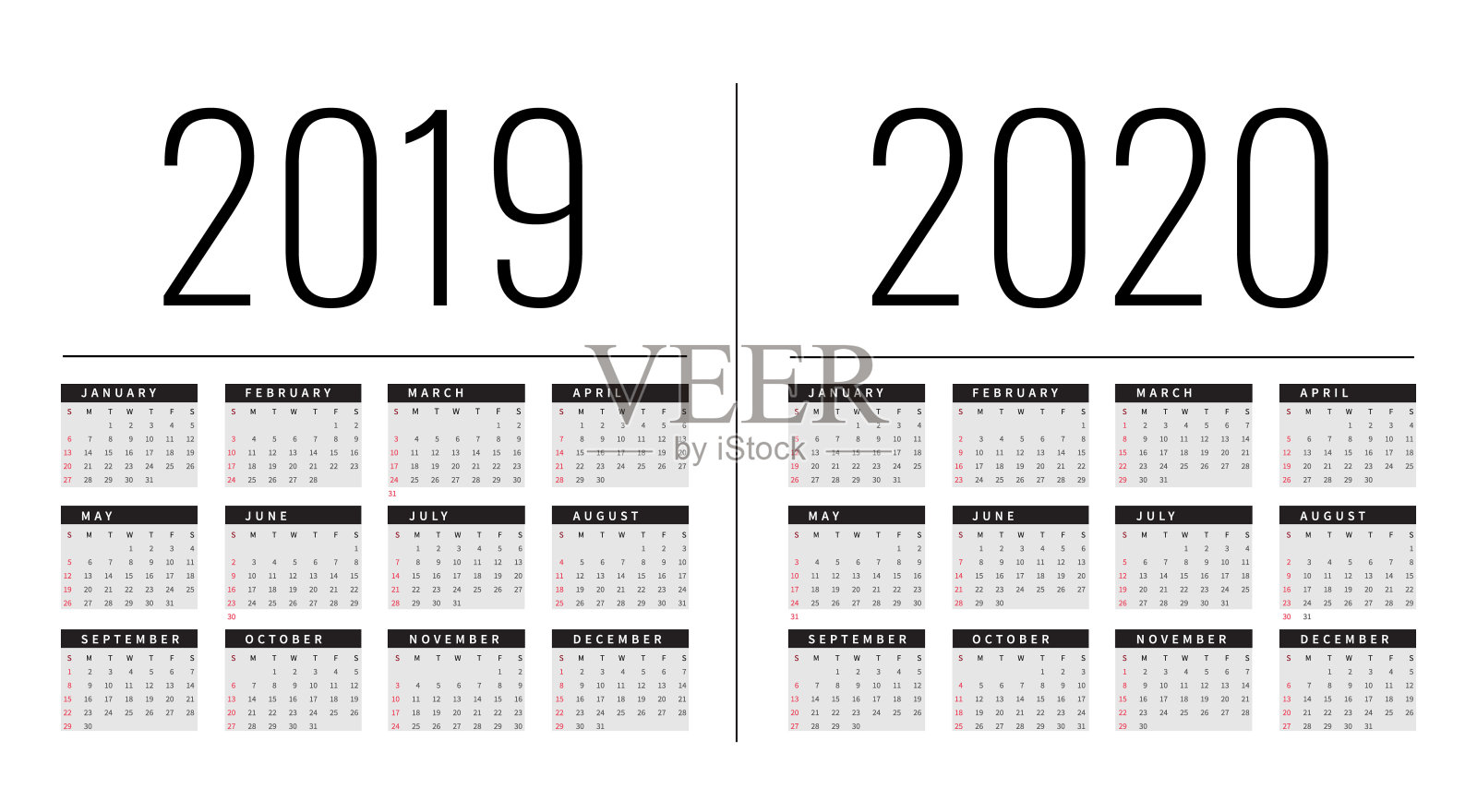 模拟简单的日历布局2019年和2020年。一周从周一开始设计模板素材