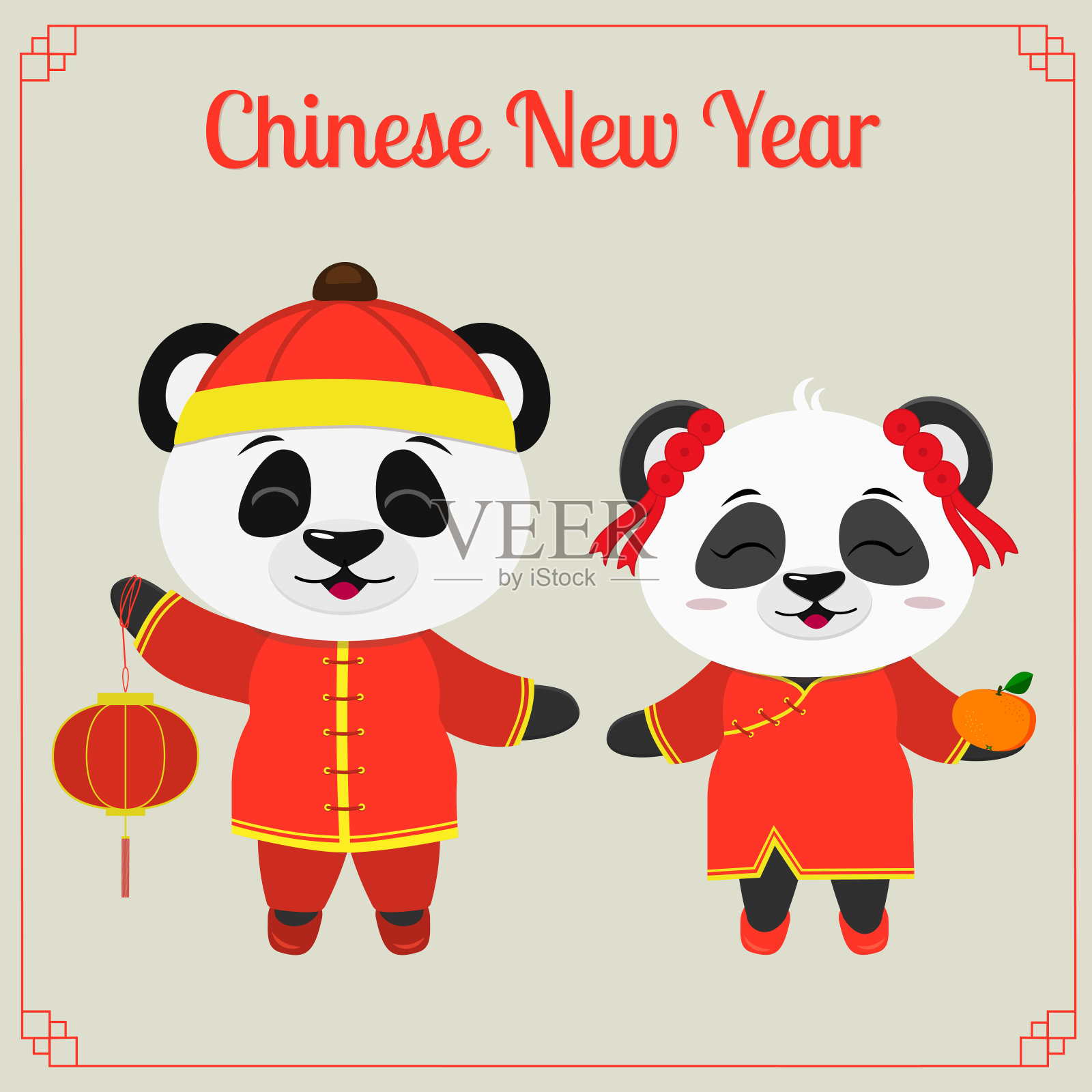 有中国年的贺卡。两只熊猫，一个男孩和一个女孩穿着中国红色的衣服，带着手电筒和橘子。农历2019年的符号。向量插画图片素材
