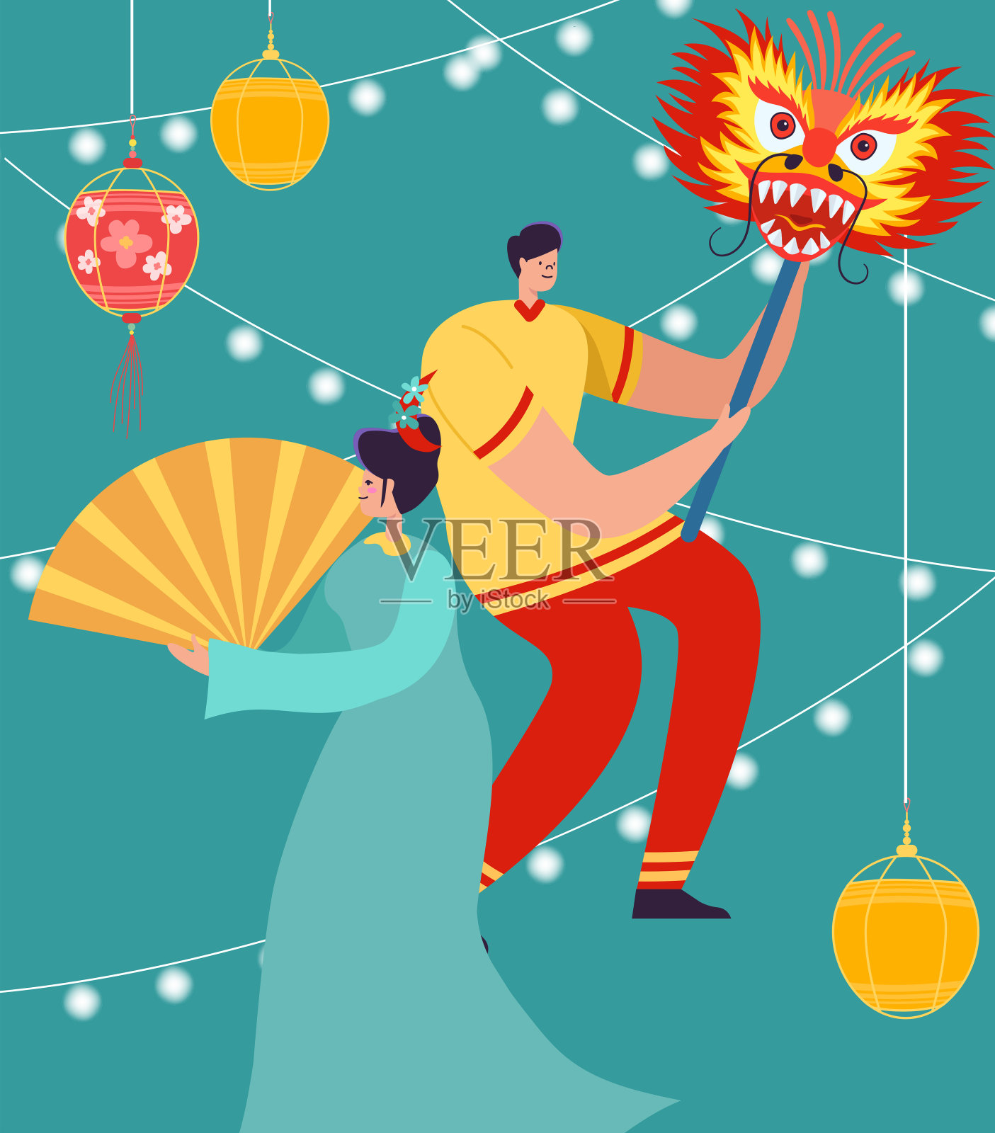 中国人庆祝农历新年。在游行或狂欢节上，舞龙的是穿着中国传统服装的男女角色。矢量图插画图片素材