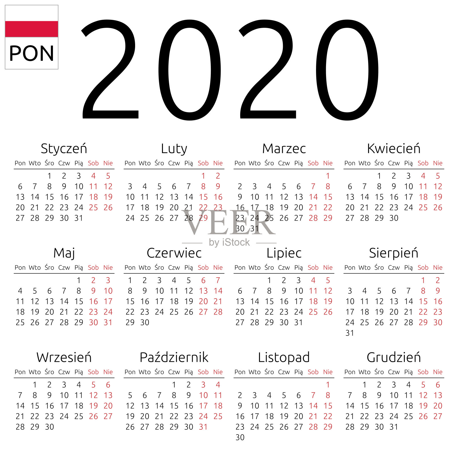 日历2020，波兰，周一插画图片素材