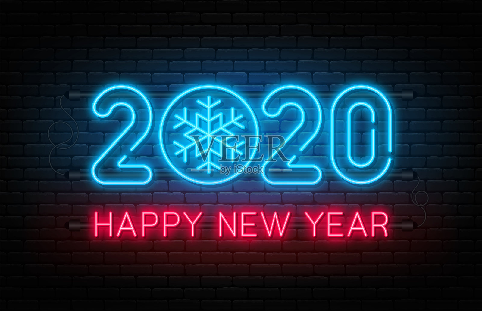 2020年新年快乐!霓虹灯，发光文字2020里面有雪花。新年和圣诞节的装饰。霓虹灯效果的背景，旗帜，海报和贺卡插画图片素材