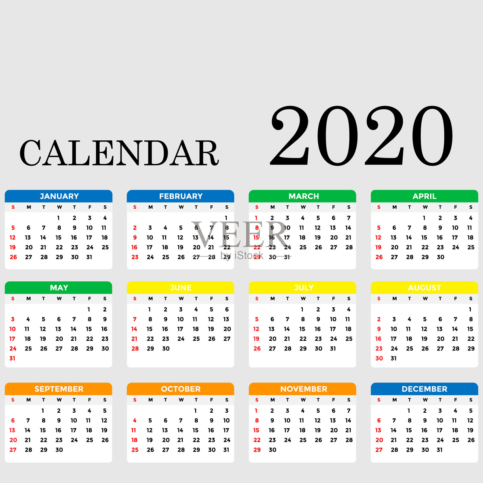 矢量插图的彩色日历为2020年插画图片素材